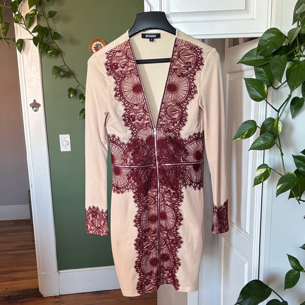Missguided Beige and Burgundy Long Sleeve Dress